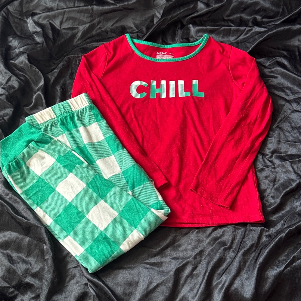 Red 'Chill' Top and Green Plaid Pants Set